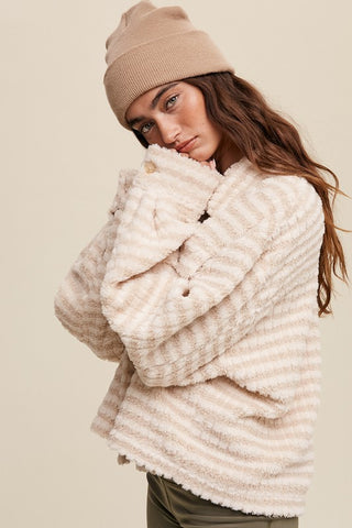 Hot Girl Fuzzy Stripes Fleece Shacket In Cream