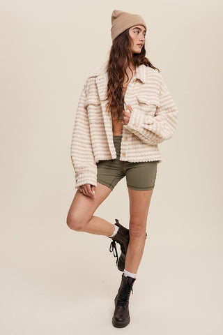 Hot Girl Fuzzy Stripes Fleece Shacket In Cream