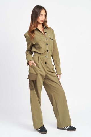 Hot Girl On Duty Button Down Cargo Jumpsuit In Olive