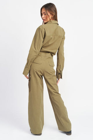 Hot Girl On Duty Button Down Cargo Jumpsuit In Olive