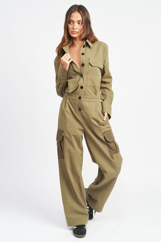 Hot Girl On Duty Button Down Cargo Jumpsuit In Olive