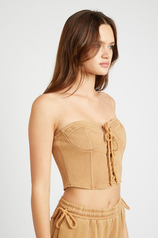 Hot Girl French Terry Strapless Corset Top In Khaki