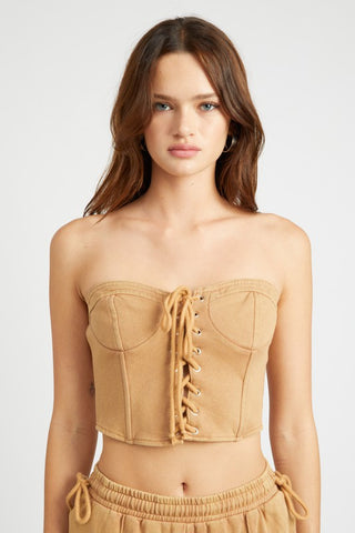 Hot Girl French Terry Strapless Corset Top In Khaki