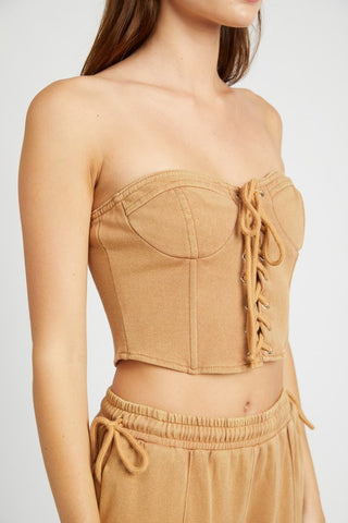 Hot Girl French Terry Strapless Corset Top In Khaki