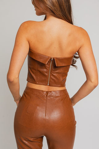 Hot Girl Vixen Vegan Leather Corset Tube Top In Camel