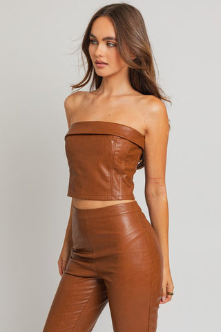 Hot Girl Vixen Vegan Leather Corset Tube Top In Camel