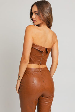 Hot Girl Vixen Vegan Leather Corset Tube Top In Camel