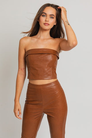 Hot Girl Vixen Vegan Leather Corset Tube Top In Camel