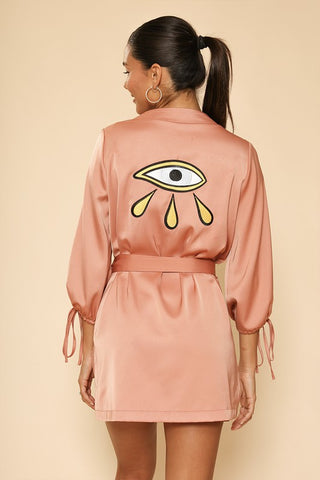 Hot Girl Evil Eye Satin Wrap Robe In Peach