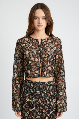 Hot Girl Night Tulip Floral Lace Embroidered Long Sleeve Crop Top In Black