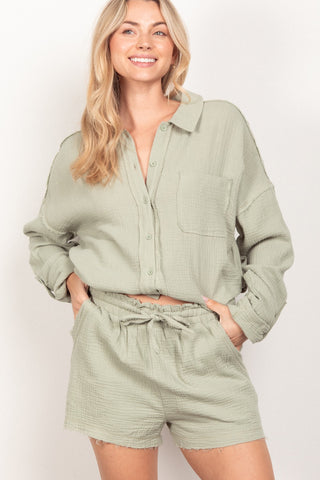 Hot Girl Textured Button Up Shirt and Shorts Lounge Set In Sage - Hot Girl Apparel