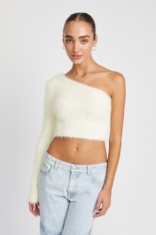 Hot Girl One Shoulder Fluffy Cropped Sweater Top