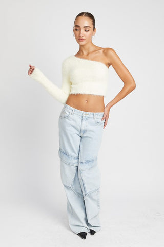 Hot Girl One Shoulder Fluffy Cropped Sweater Top