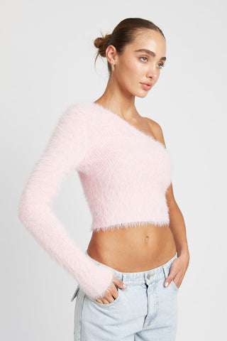 Hot Girl One Shoulder Fluffy Cropped Sweater Top