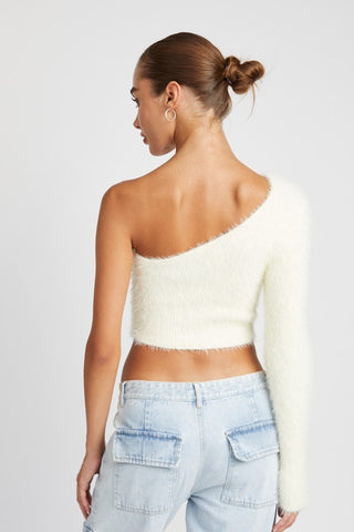 Hot Girl One Shoulder Fluffy Cropped Sweater Top