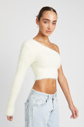 Hot Girl One Shoulder Fluffy Cropped Sweater Top