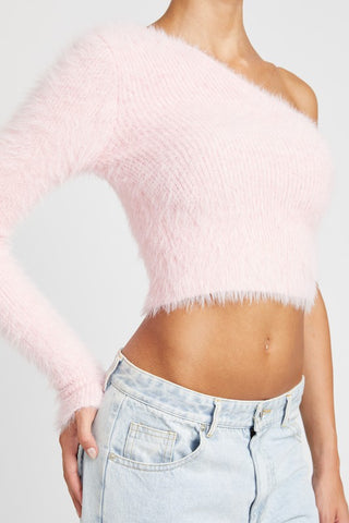 Hot Girl One Shoulder Fluffy Cropped Sweater Top