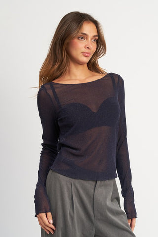 Hot Girl Boatneck Glitter Mesh Open Back Long Sleeve Top