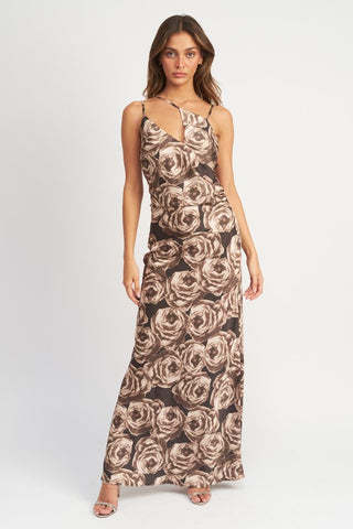 Hot Girl Fall Floral Asymmetrical Neck Maxi Dress In Brown