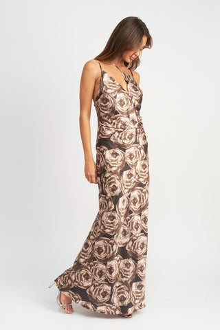 Hot Girl Fall Floral Asymmetrical Neck Maxi Dress In Brown