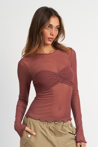 Hot Girl Twisted Tee Sheer Long Sleeve Top In Brick