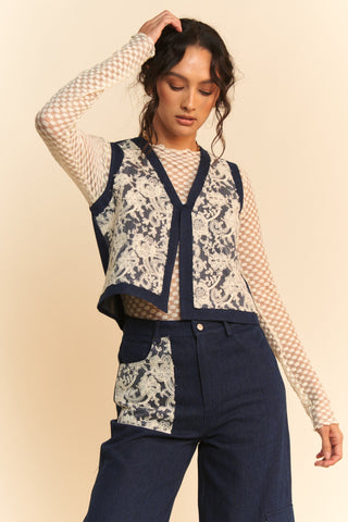 Hot Girl X Davi & Dani Lace Appliqué Open Front Denim Vest Top