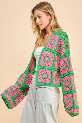 Hot Girl X Davi & Dani Two Tone Flower Crochet Open Front Cardigan In Green