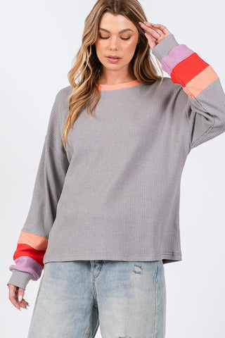 Hot Girl SAGE + FIG Color Block Waffle Knit Long Sleeve T-Shirt In Grey