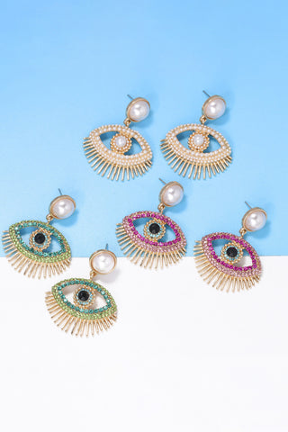 HGA Evil Eye Shape Rhinestone Pearl Dangle Earrings