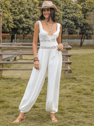 Hot Girl Open Lace Accent Back Wide Leg Boho Jumpsuit In White