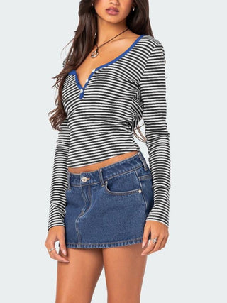 Hot Girl Striped Henley Long Sleeve T-Shirt