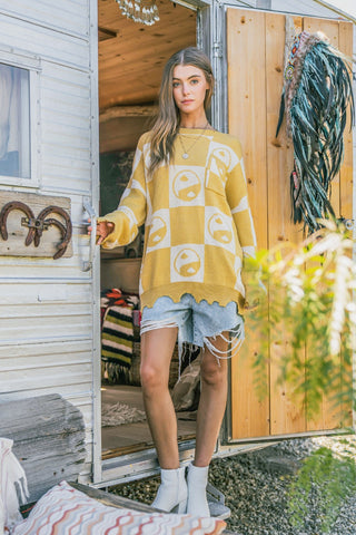 Hot Girl And The Why Checkerboard Yin Yang Sweater In Mustard