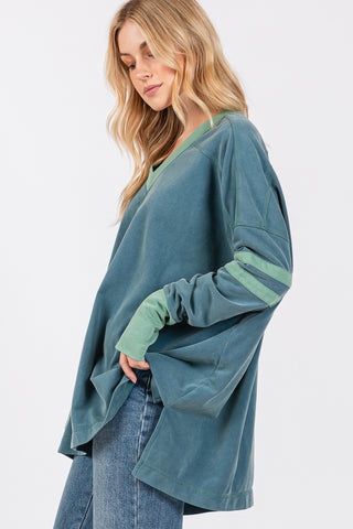 Hot Girl SAGE + FIG Mineral Wash Side Slit Contrast Long Sleeve T-Shirt In Teal