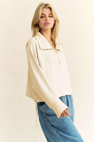 Hot Girl X Davi & Dani Drawstring Hem Half Zip Raglan Sleeve Sweatshirt In Cream