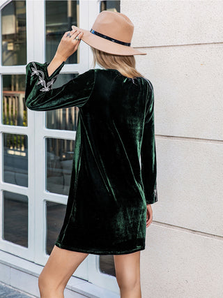 Hot Girl Embroidered Velour Flare Sleeve Boho Mini Dress In Green