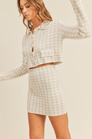 Hot Girl MABLE Houndstooth Cropped Knit Cardigan and Mini Skirt Set In Beige