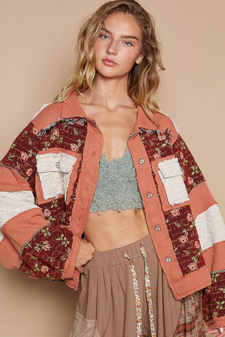 Hot Girl Washed Floral Exposed Seam Color Block Jacket In Brick