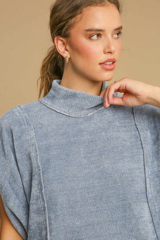 Hot Girl X Umgee Mock Neck Short Sleeve Top In Dusty Blue