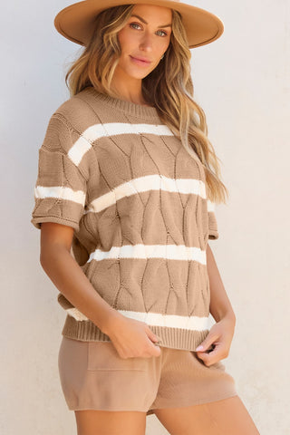 Hot Girl Striped Cable-Knit Cotton Blend Short Sleeve Sweater In Tan