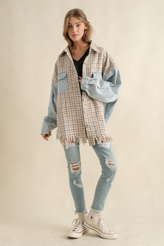 Hot Girl Tweed Mixed Denim Raw Hem Shacket