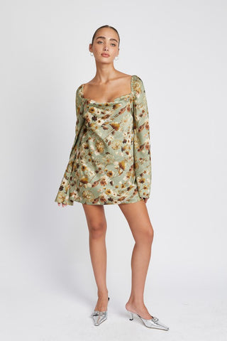 Hot Girl Fall Floral Long Sleeve Open Back Mini Dress In Sage