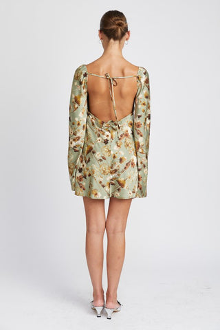 Hot Girl Fall Floral Long Sleeve Open Back Mini Dress In Sage