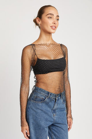 Hot Girl Rhinestone Fishnet Long Sleeve Top