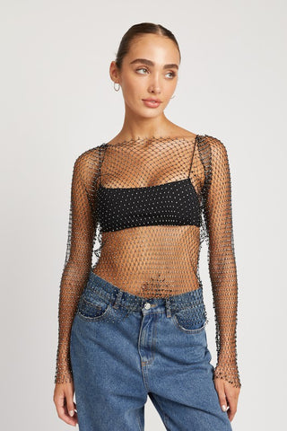 Hot Girl Rhinestone Fishnet Long Sleeve Top