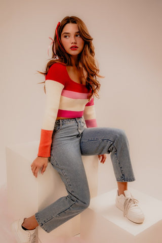 Hot Girl Zoey Color Block Striped Cropped Long Sleeve Knit Top