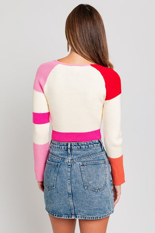 Hot Girl Zoey Color Block Striped Cropped Long Sleeve Knit Top