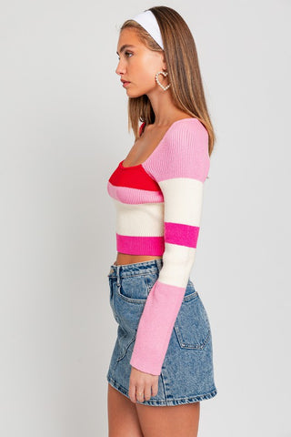 Hot Girl Zoey Color Block Striped Cropped Long Sleeve Knit Top