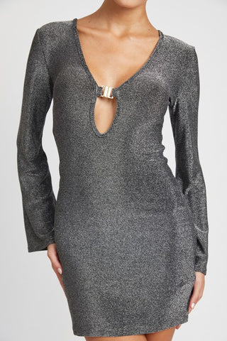 Hot Girl Peekaboo Keyhole Long Sleeve Glitter Mini Dress