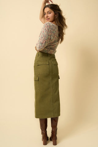 Hot Girl Denim Lab Cargo Midi Skirt In Olive