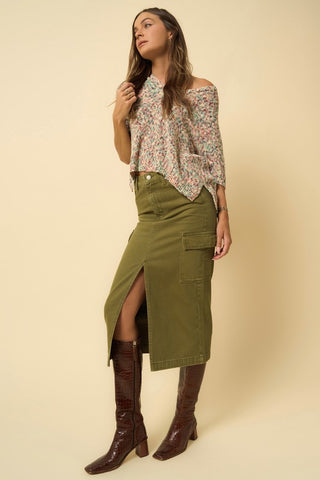 Hot Girl Denim Lab Cargo Midi Skirt In Olive